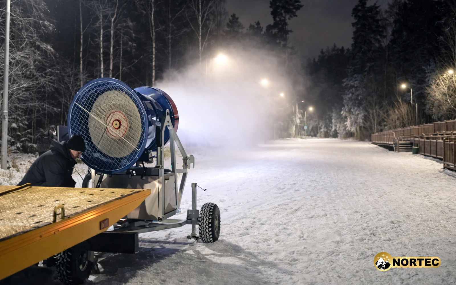 Оснежение снежной пушкой (снегогенератором) Nortec Snow Wolf городского парка в г. Зеленоград